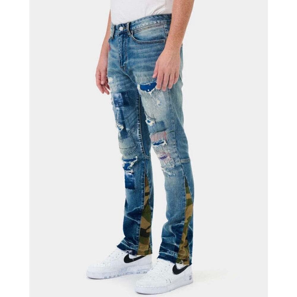NWT First Row Vandalize Ripped Stitched Straight Slim Jeans Grunge Distressed